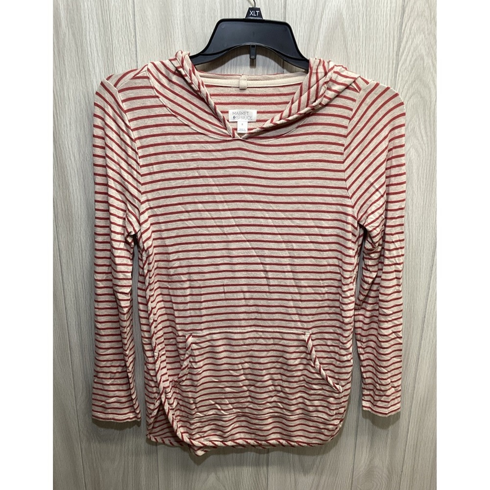 MARKET & SPRUCE Women's (Size M) Long Sleeve Hooded Shirt Striped Pockets